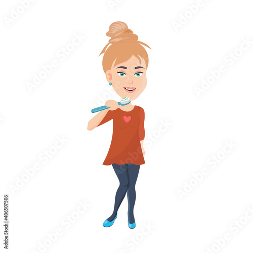 European blonde young woman brushing teeth with toothpaste. One person. Vector illustration.