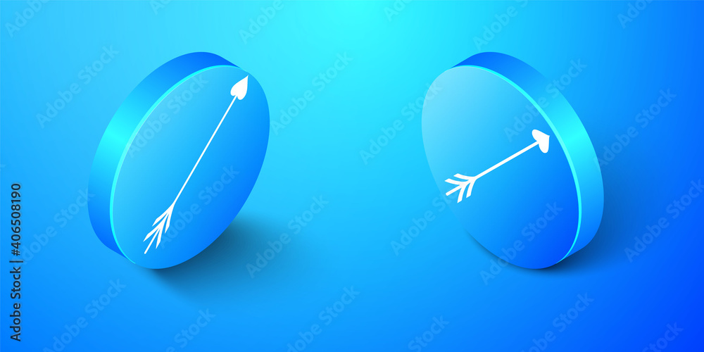 Isometric Cupid arrow heart, Valentines Day cards icon isolated on blue background. Blue circle button. Vector. Isometric Cupid arrow heart, Valentines Day cards icon isolated on blue background. Blue circle button. Vector.