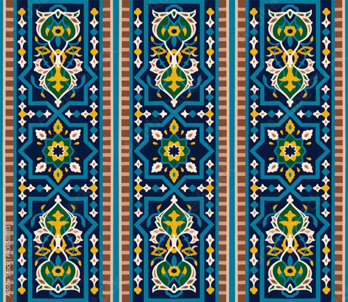 Seamless Arabian or Middle Asian and islamic vector architectural decorative pattern. Damask ornate boho style vintage ornament in deep blue, cyan and gold colors for custom print and design.