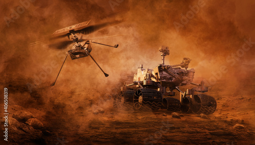 фотография Mars rover and helicopter drone exploring surface of Mars