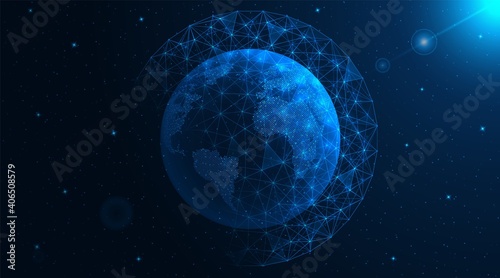 Network map of the world. Digital computer network. High-speed data transfer. Polygonal construction of the globe. Blue background.