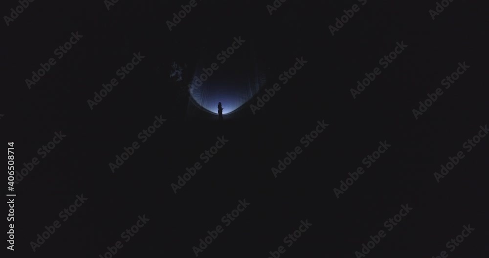 A girl walks alone in the winter through the forest at night, with a flashlight in her hands. Aerial footage. 