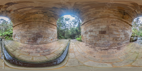 Spherical 360 panoramic photograph of Lapstone Creek and Lennox Bridge in regional Australia