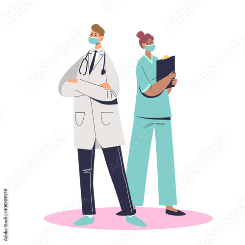 Doctor and nurse during covid quarantine and coronavirus epidemic wearing uniform and masks