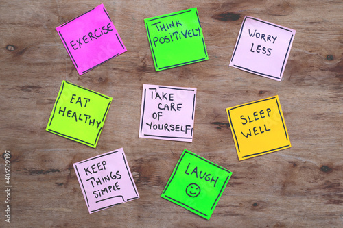 healthy lifestyle and wellbeing concept - a set of inspirational reminder notes