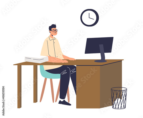 Man office worker procrastinating at workplace, sit bored at office desk with papers and computer