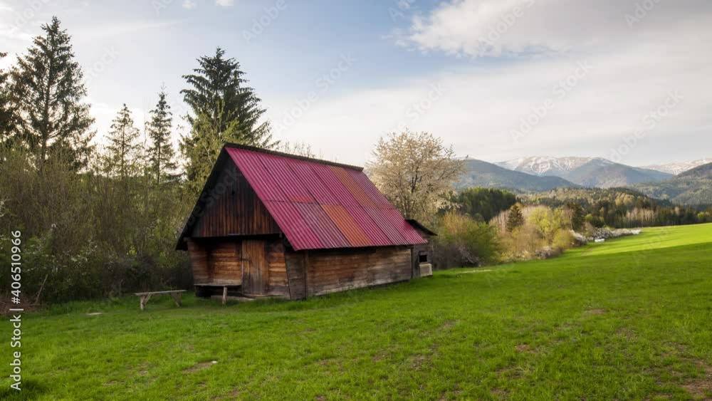 4K Time Lapse of Pastoral Hut in Beautiful Slovak Nature, Spring and Green Grass Under Snowy Mountain, Low Tatras 4K Time Lapse of Pastoral Hut in Beautiful Slovak Nature, Spring and Green Grass Under Snowy Mountain, Low Tatras