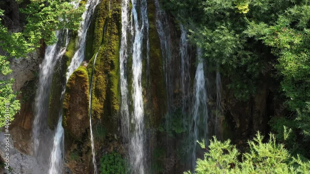 Sopotnica waterfall near Prijepolje town in Serbia. Aerial pedestal down establishing shot Sopotnica waterfall near Prijepolje town in Serbia. Aerial pedestal down establishing shot