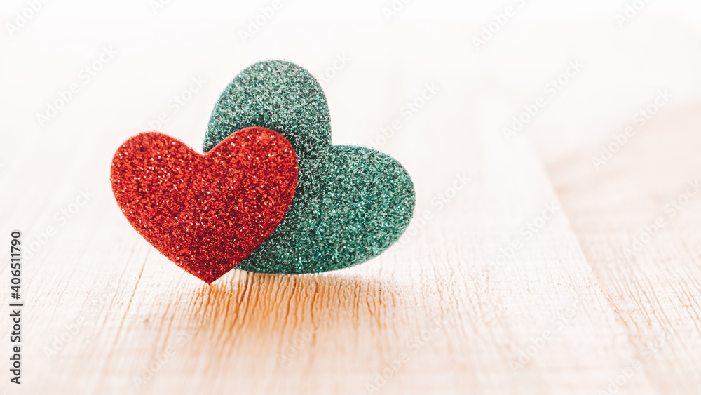 Fototapeta premium Valentines day minimal: red love hearts candle on wooden background. Sainte Valentine, mothers day, birthday greeting cards, invitation, celebration concept.