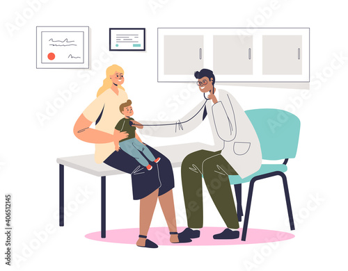 Mother and son visit pediatrician. Family doctor examining little boy during checkup