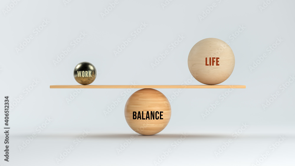 wooden scale balancing spheres with text WORK, LIFE and BALANCE on white background wooden scale balancing spheres with text WORK, LIFE and BALANCE on white background