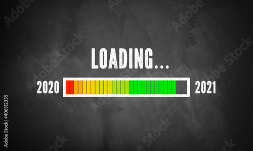 text 2021 LOADING with a loading bar indicator on a blackboard