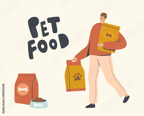 Male Character Carry Huge Packages with Pet Food for Feeding Domestic Animals Cat or Dog. Healthy Pets Nutrition