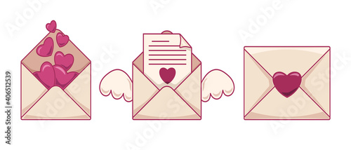 Set of love letter icons with angel wings and hearts. Illustration for Valentine's day. Vector flat cartoon design of graphic element. App vector icon.