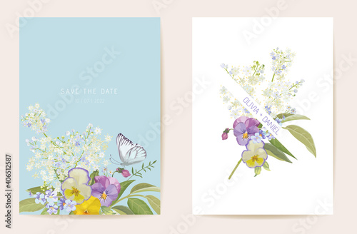 Watercolor violet pansy floral wedding card. Vector purple spring flowers invitation. Boho template frame