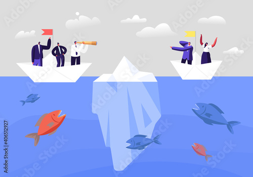 Hidden Danger Concept. Business Characters on Paper Boat Trying to Escape Attack of Huge Fish and Iceberg in Sea