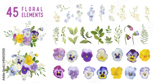 Vintage pansy flowers and leaves, spring violet florals in watercolor style. Vector summer garden design