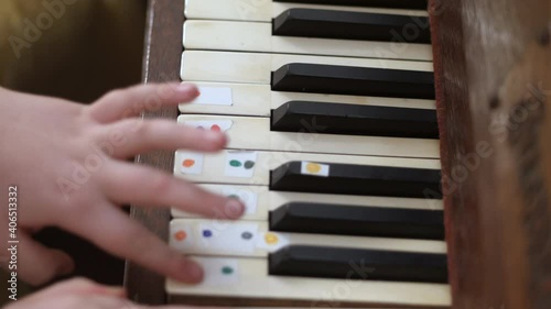 Wallpaper Mural Top view of a  young girl's fingers as she is learning to play the piano. She uses stickers on the keys to help her learn. Torontodigital.ca