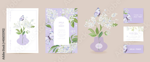 Watercolor elderberry and butterfly floral wedding card. Vector white spring flowers invitation