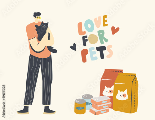 Male Character Care of Domestic Animal. Man Holding Cat on Hands with Different Food in Packages or Cans for Feeding