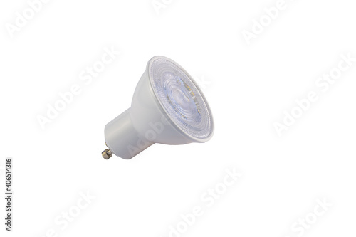 LED spotlight bulb with GU10 fitting, against white background