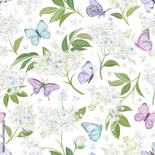 Seamless watercolor white elderberry floral background. Spring elderflower and butterflies pattern template