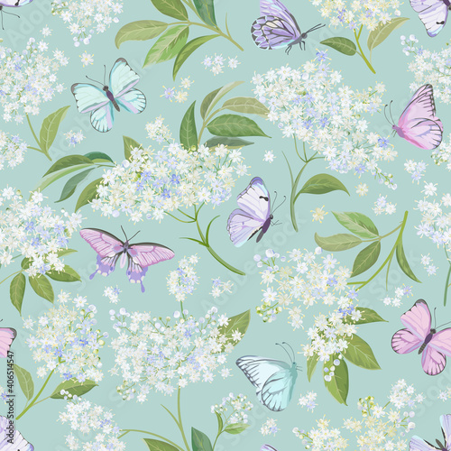 Seamless watercolor white elderberry floral background. Spring elderflower and butterflies pattern