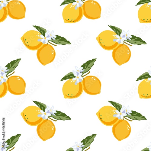 Vector illustration of line art drawing with abstract shape. Yellow lemon vector. Bright summer lemon fruit seamless pattern background with flowers, leaves and blossoms. A fruit high in vitamin C. 