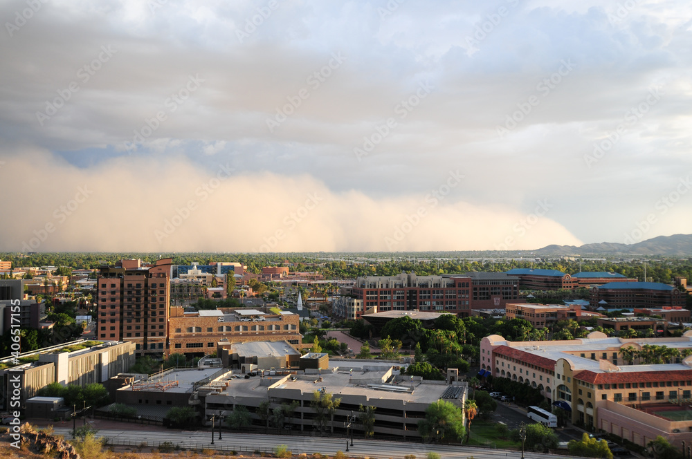 Panoramic view of a massive dust storm rolls through the Phoenix, Arizona, metropolitan area during the monsoon