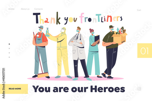 Our heroes concept of landing page with frontliners working during covid pandemic