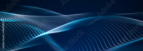 Digital wave with many dots. Abstract backdrop of dynamic wave. Technology or science banner. 3d widescreen