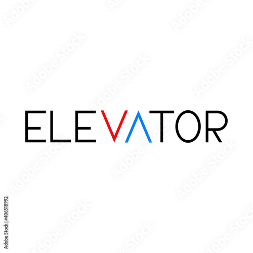 Logotipo con texto Elevator con letras estilizadas A y V con forma de flechas de botón del panel hacia arriba y hacia abajo