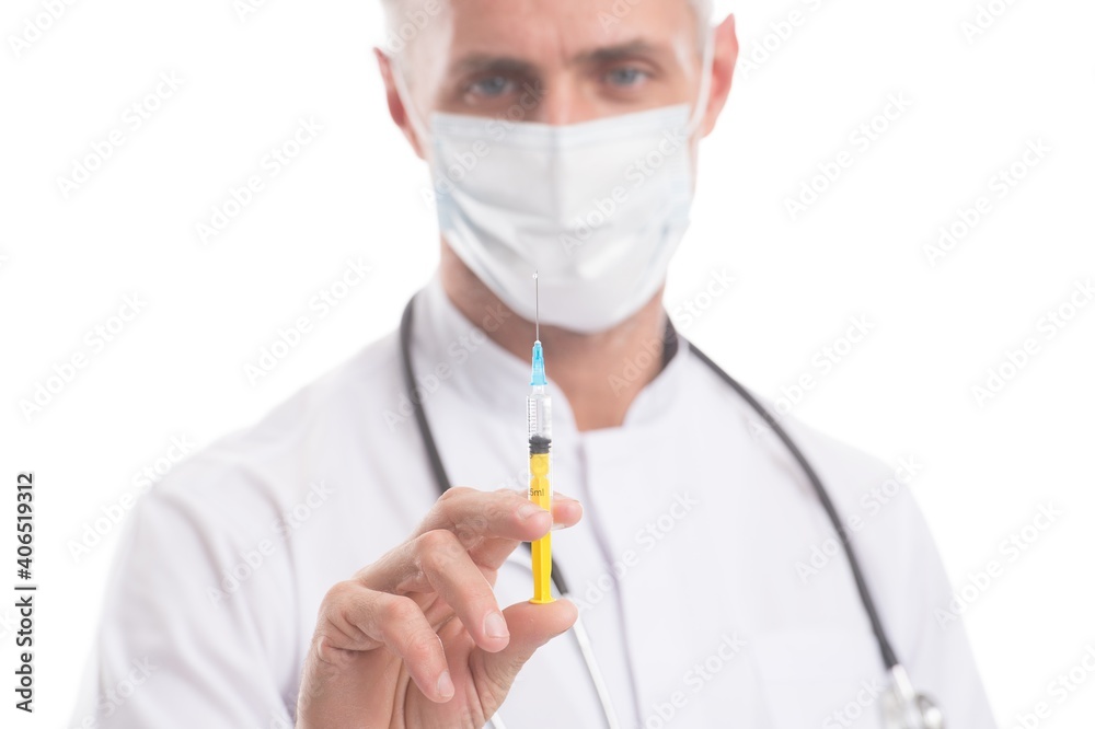 Syringe with needle selective focus in hands of physician for Covid-19 treatment, injector Syringe with needle selective focus in hands of physician for Covid-19 treatment, injector