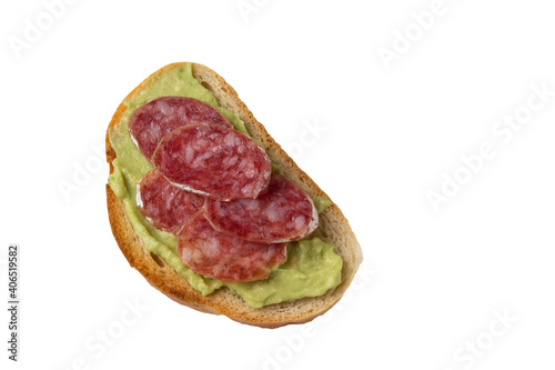 Sandwich with salami and avocado isolated on white background.