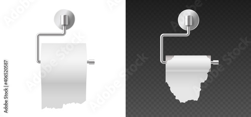 Roll of white toilet paper hanging on chrome toilet roll holder isolated