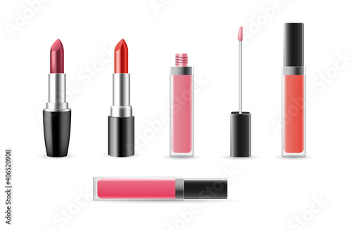 Set of lip gloss and lipstick templates open and closed isolated on white background