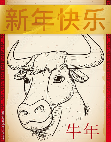 Sign, Scroll and Ox Face Draw for Chinese New Year, Vector Illustration