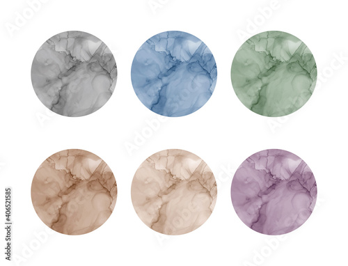 Round alcohol ink watercolor shapes for social media highlights stories