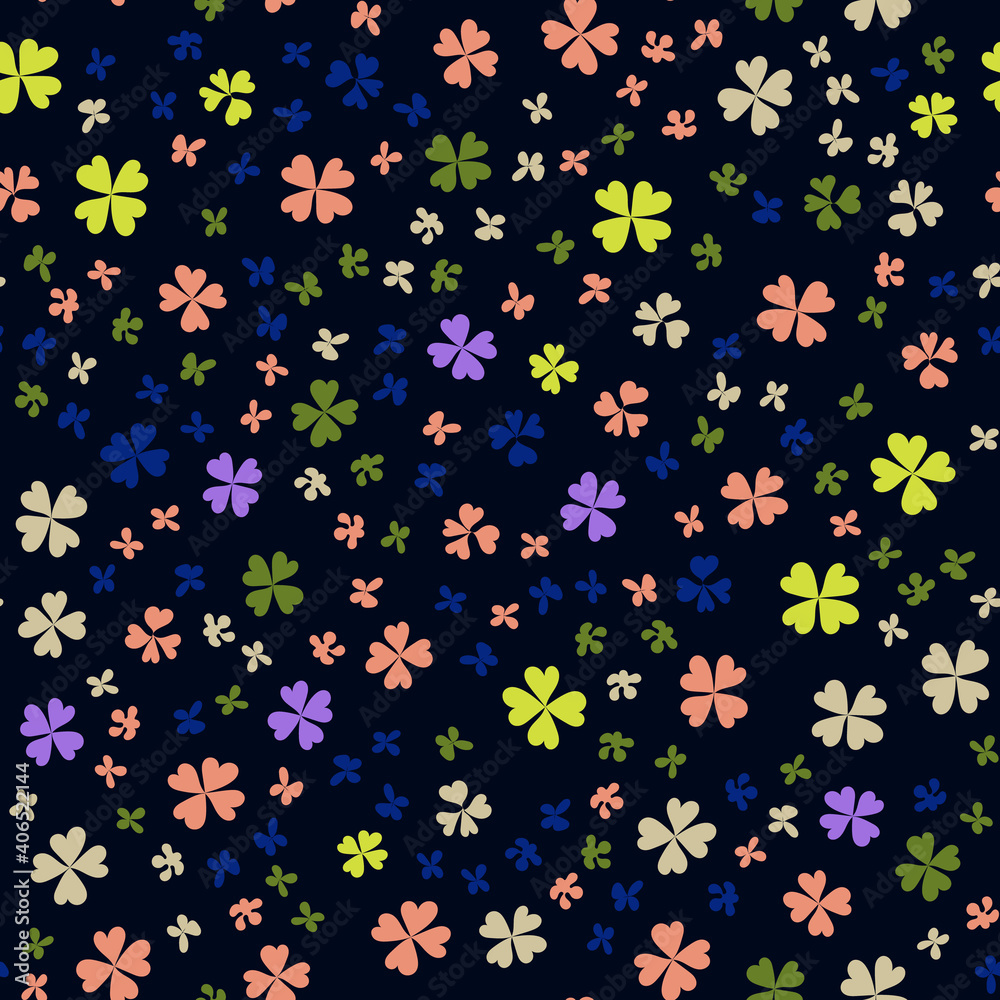 Childrens pattern flowers. Seamless floral pattern on a blue background. Multicolored clover leaves on a dark background.