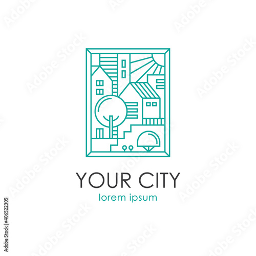 Cityscape linear vector illustration. Real estate, apartment building construction, city skyline logo.