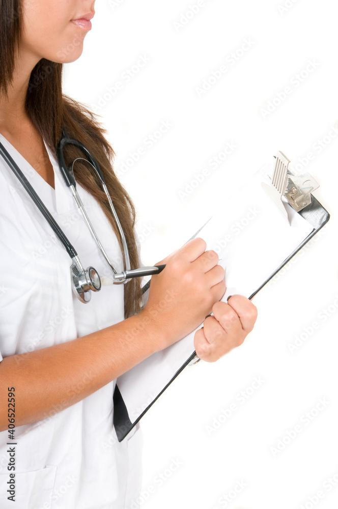 medical doctor with stethoscope writing. Isolated medical doctor with stethoscope writing. Isolated