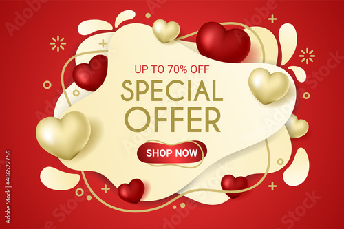 Valentine's day special offer background with abstract shapes. Valentine's day sale 70% off poster or banner. Red background with realistic 3D red and gold hearts.
