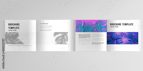 3d realistic vector layout of cover mockup design templates for bifold square brochure, flyer, cover design, book. Tropical palm leaves, shadow of tropical jungle leaves. Floral pattern backgrounds.