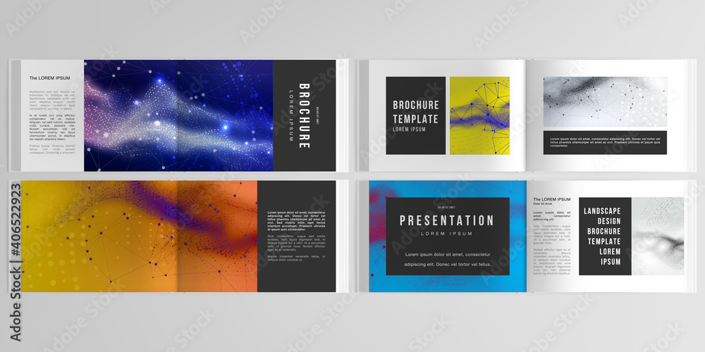 Vector layouts of horizontal presentation templates for landscape design brochure, cover design, flyer, book. Colorful wavy particle surface background for technology or science cyber space concept.