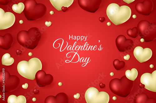 Valentine's day background. Red background with realistic 3D red and gold hearts. Background with abstract hearts.