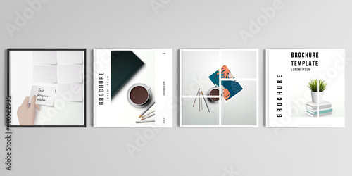 Realistic vector layouts of cover mockup design templates for square brochure, cover design, flyer, book design, magazine, poster. Home office concept, study or freelance, working from home.