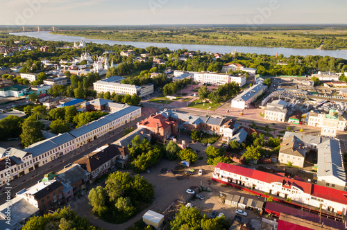 Panoramic aerial view of center of Murom city with water tower, Russia..