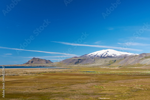 Icelandic summer landscape, White plastic hay bales