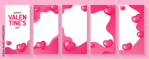 Set of social media stories valentine's day background template with realistic 3D pink and red hearts. Suitable for social media posts, mobile apps, banners design and web ads.