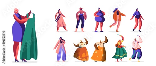 Set People in Fashioned Clothes. Male Female Characters in Traditional Authentic Dress, Skirts and Pants, Runway Models
